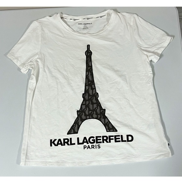 Karl Lagerfeld White Eiffel Tower, Paris Graphic Shirt Top Blouse Tee Size M 🖤✨ - Picture 2 of 4